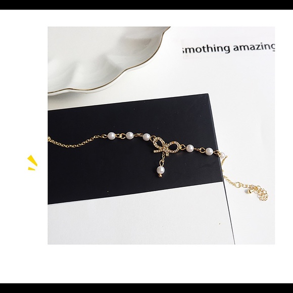 Tiny Bowknot bracelet, crystal pearl bracelet, golden chain bracelet, Adjustable - Picture 5 of 7
